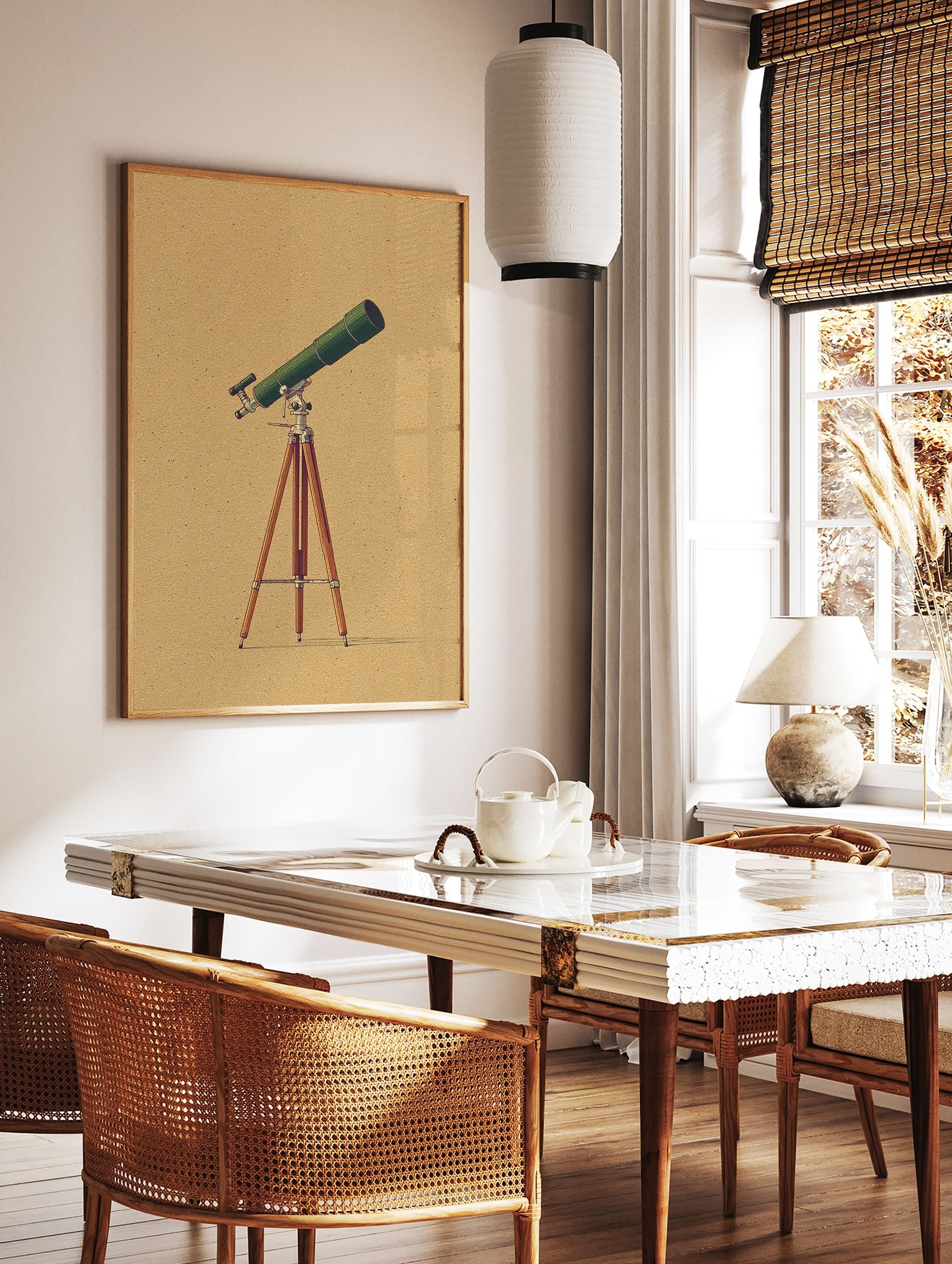 Green vintage telescope poster illustration on a wooden tripod, set against a textured brown paper background. - Image 2
