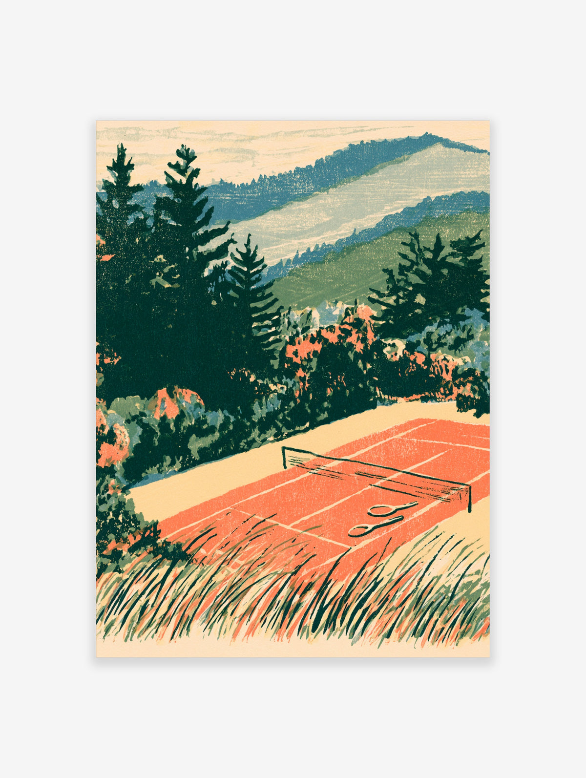 Tennis court art print with rackets, net, pine trees and blue mountain ridges