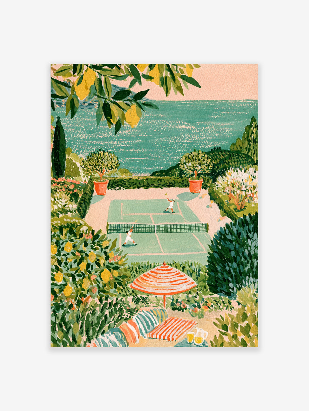 Tennis court poster with two players, lemon trees, striped umbrella, and sea view