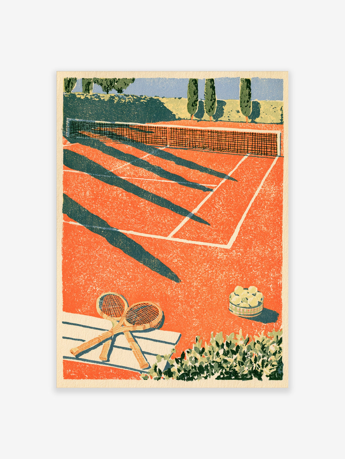 Orange clay tennis court poster with net, rackets, ball basket and long shadows