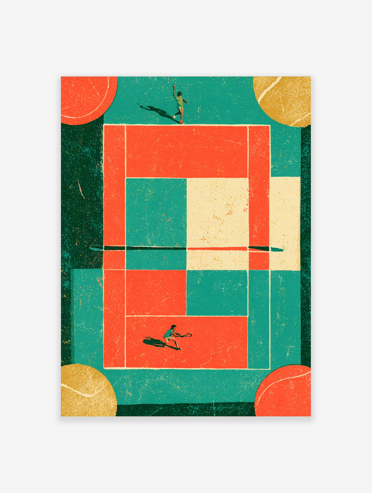 Mid-century modern tennis court art print with two players and geometric orange, teal, and cream shapes