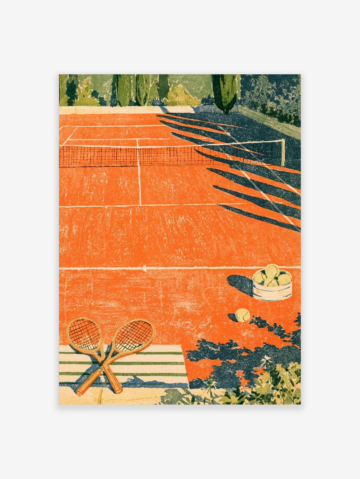Tennis court art print with orange clay surface, white lines, net, crossed rackets, and bowl of balls