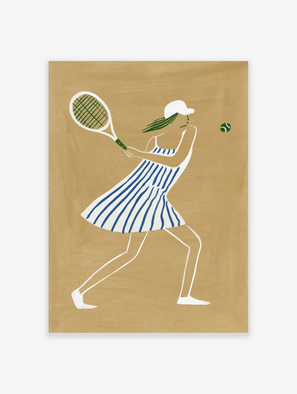 Tennis player in blue striped dress and white cap swinging racket at green ball on tan background