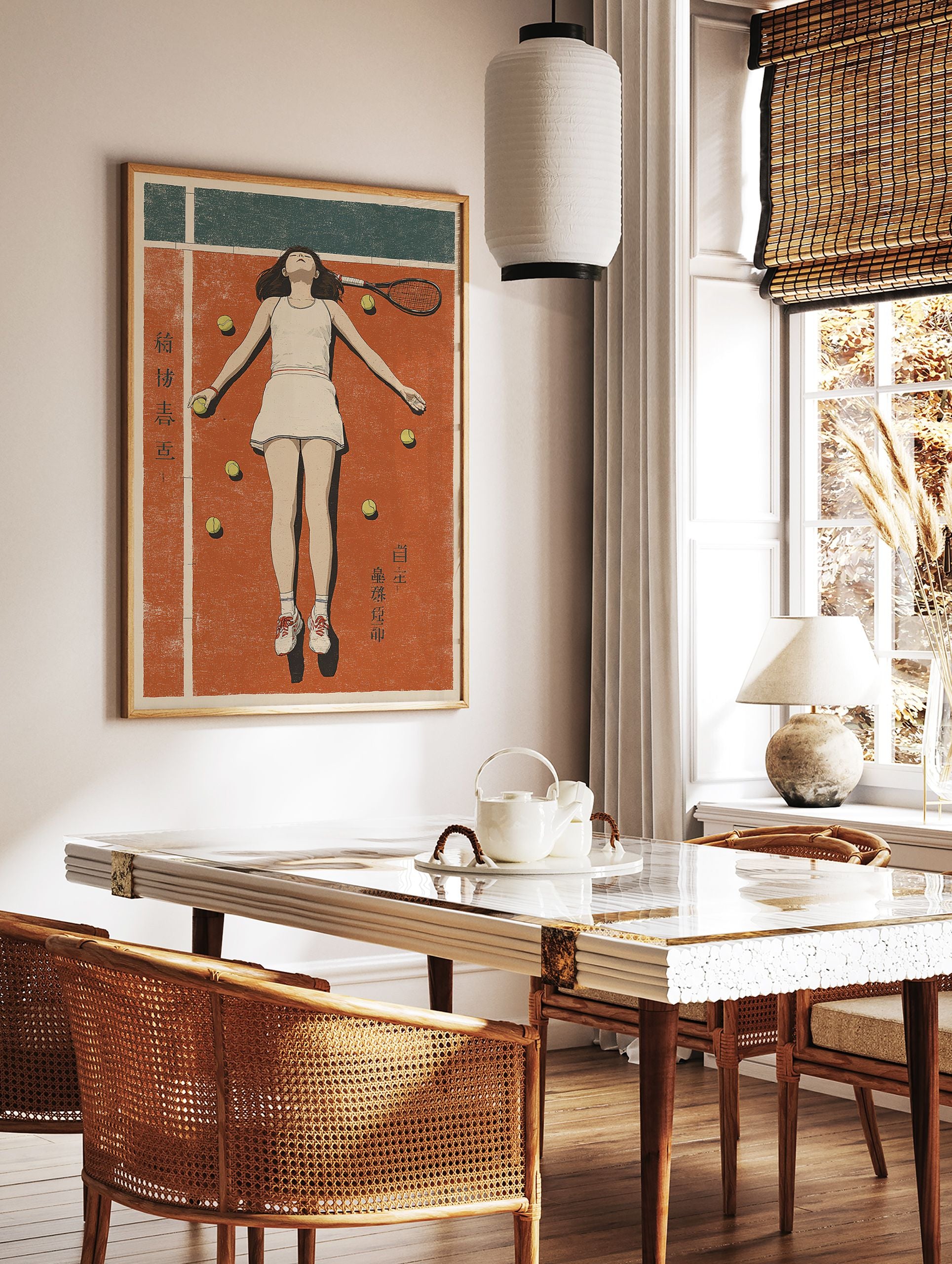 Retro tennis wall art print showing a female tennis player lying on a red clay court with tennis balls and a racket. - Image 2