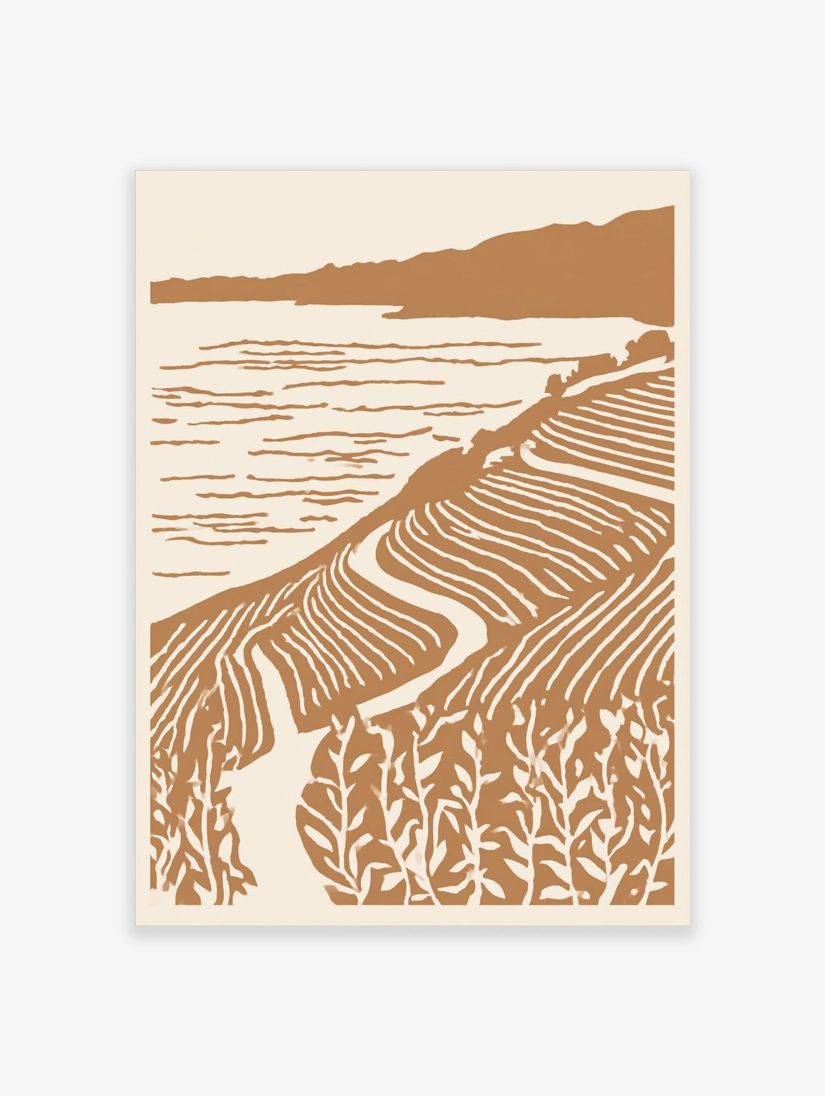 Terrace field landscape art print with contour lines, crop rows, and distant hill in earth tones