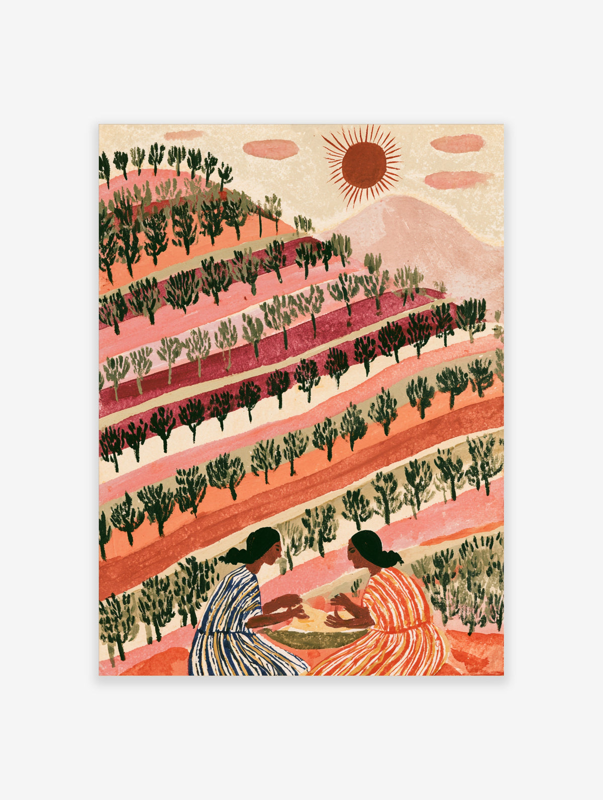 Terraced hillside art print with two seated women, pink and orange fields, green trees, and a red sun