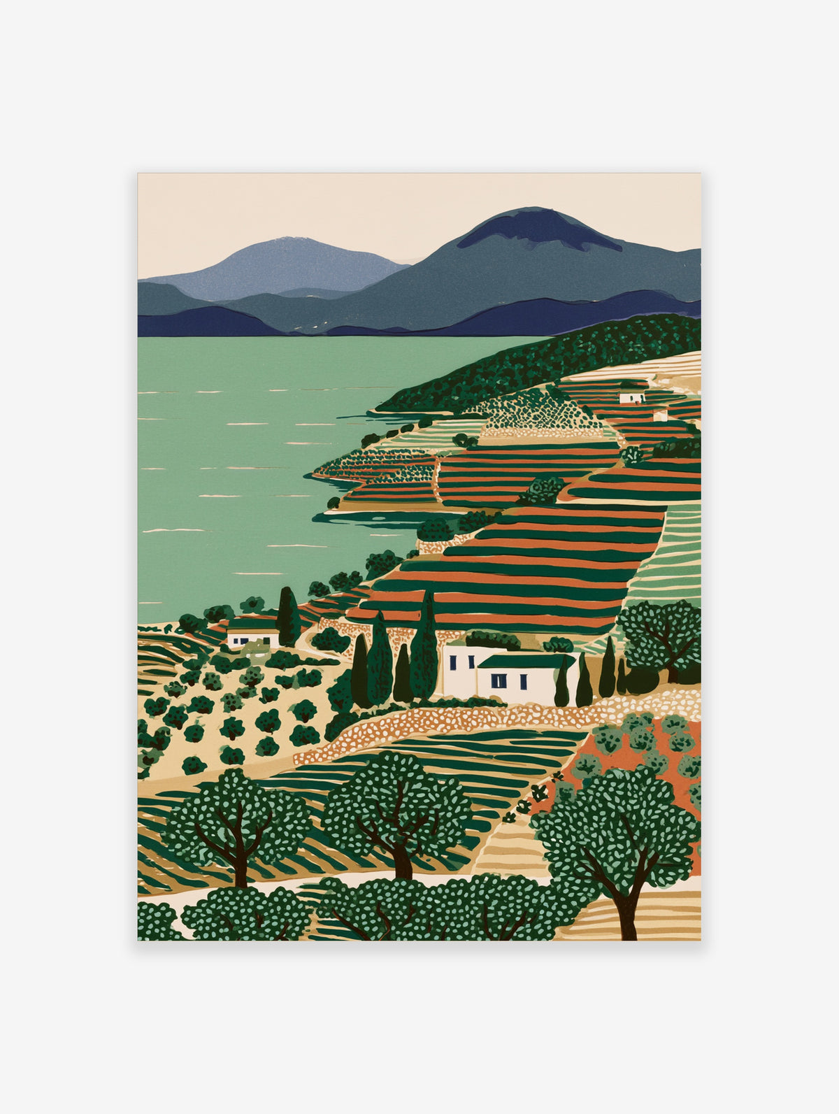 Terraced vineyard landscape poster with cypress trees, white farmhouse, green water, and blue mountains