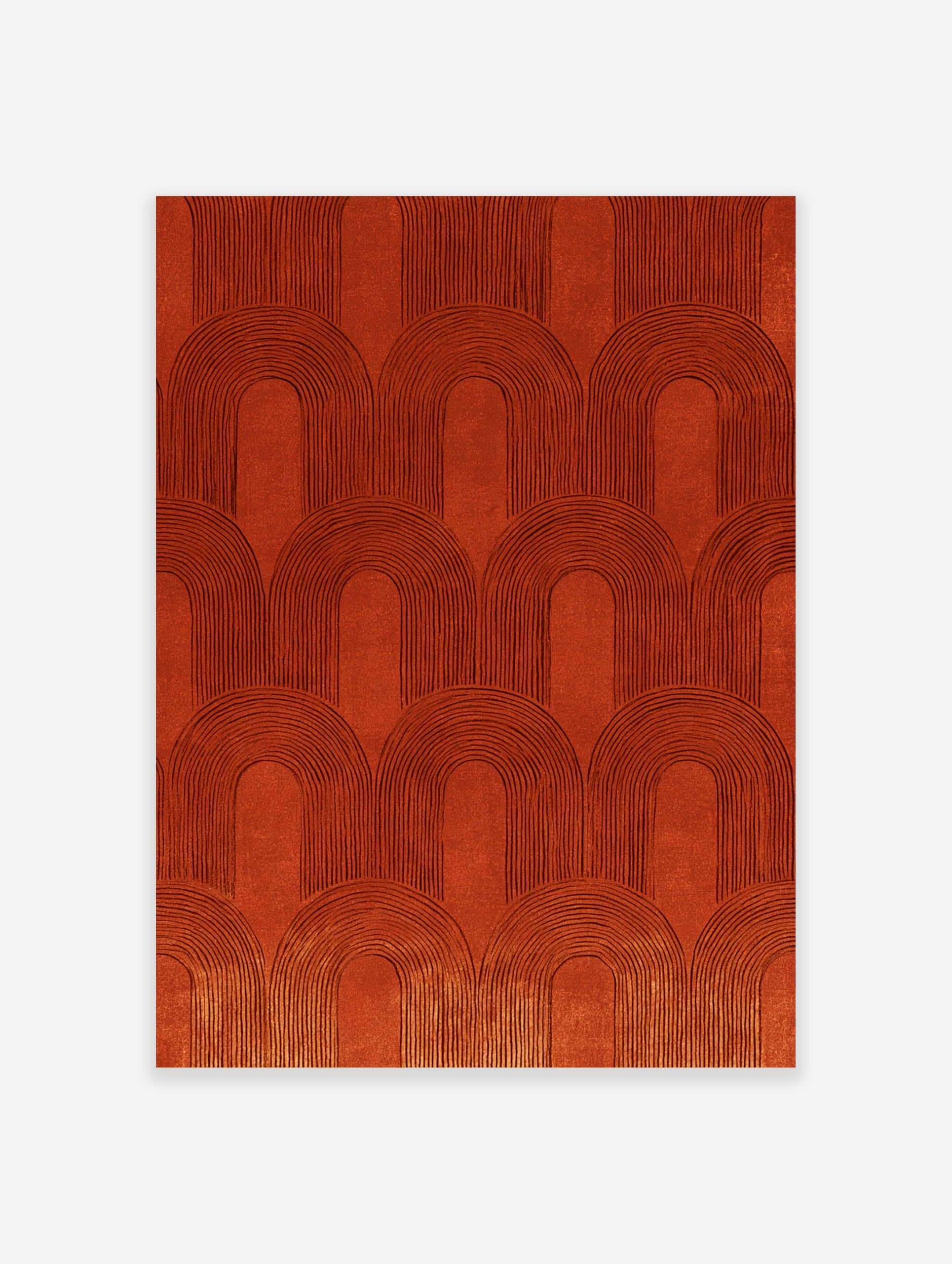 Terracotta arch pattern wall art with repeating geometric shapes and linear ridges in a burnt orange colour
