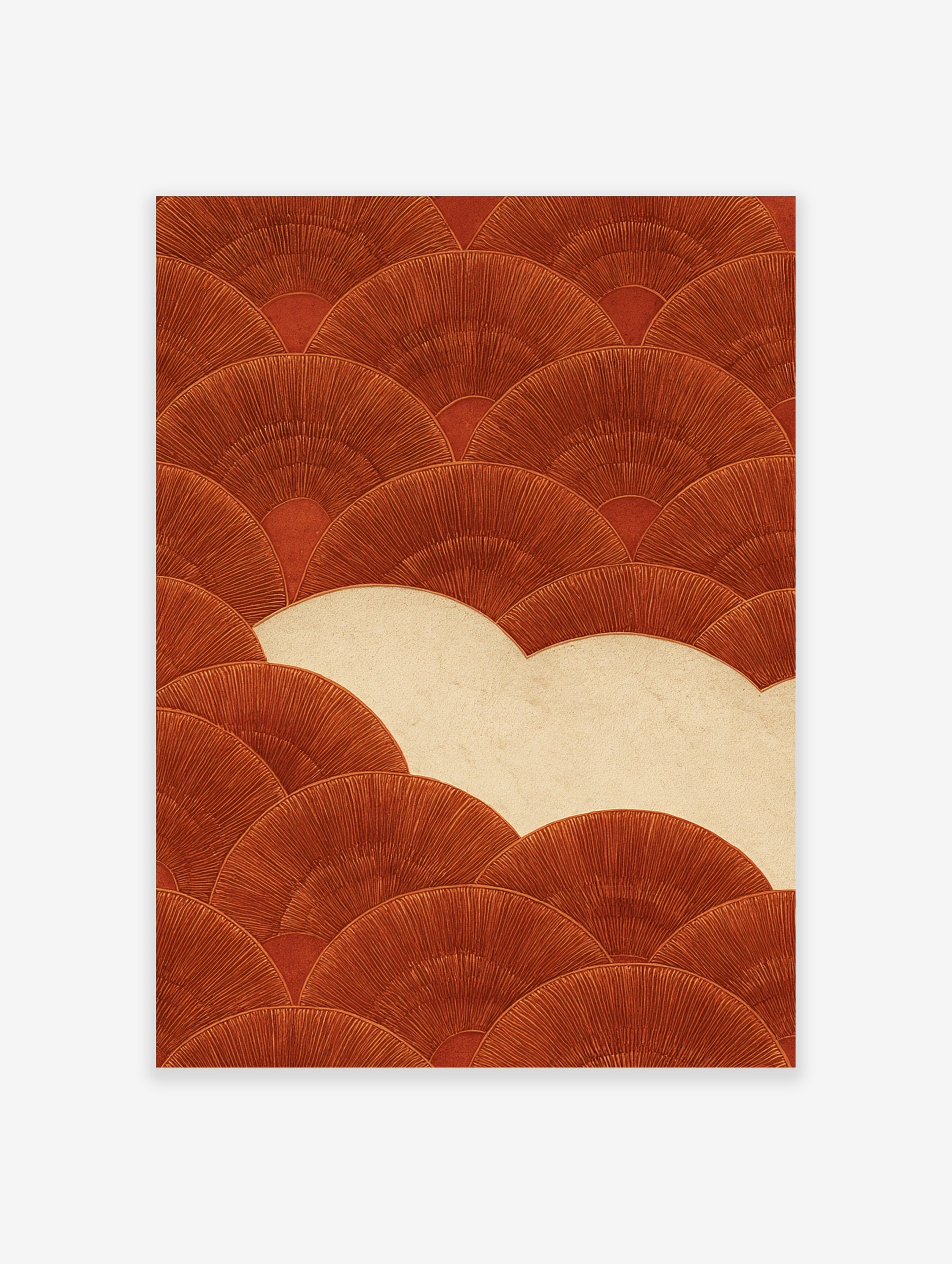 Terracotta fan pattern wall art print with rust orange geometric scallops on a creamy beige background