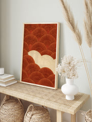 Terracotta fan pattern wall art print with rust orange geometric scallops on a creamy beige, in an alternate framed mockup