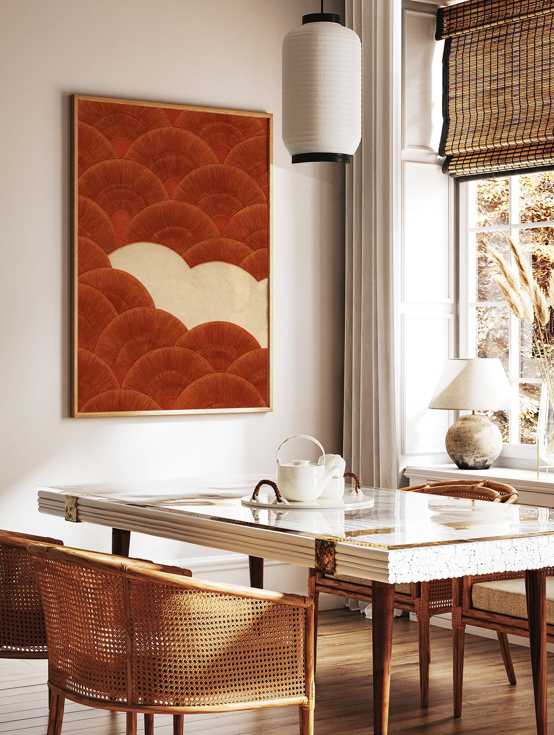 Terracotta fan pattern wall art print with rust orange geometric scallops on a creamy beige, in a styled room mockup