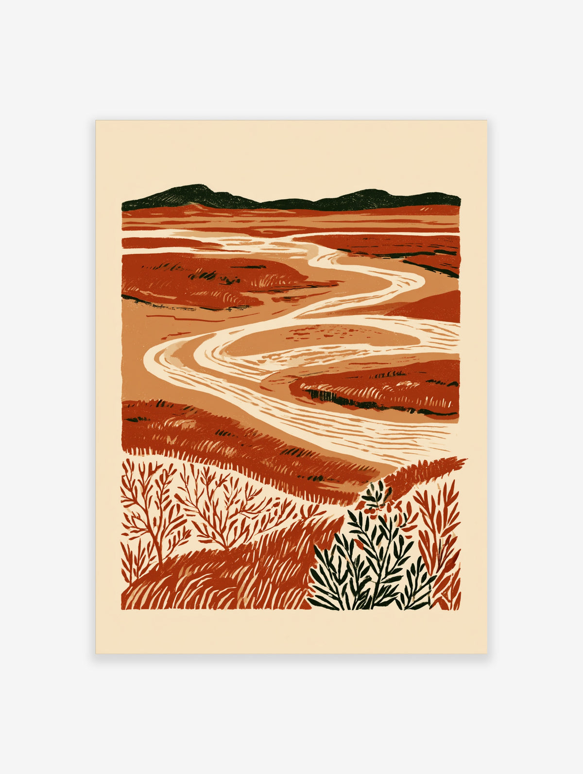 Terracotta landscape art print with winding river path, dark green hills, and stylised foliage