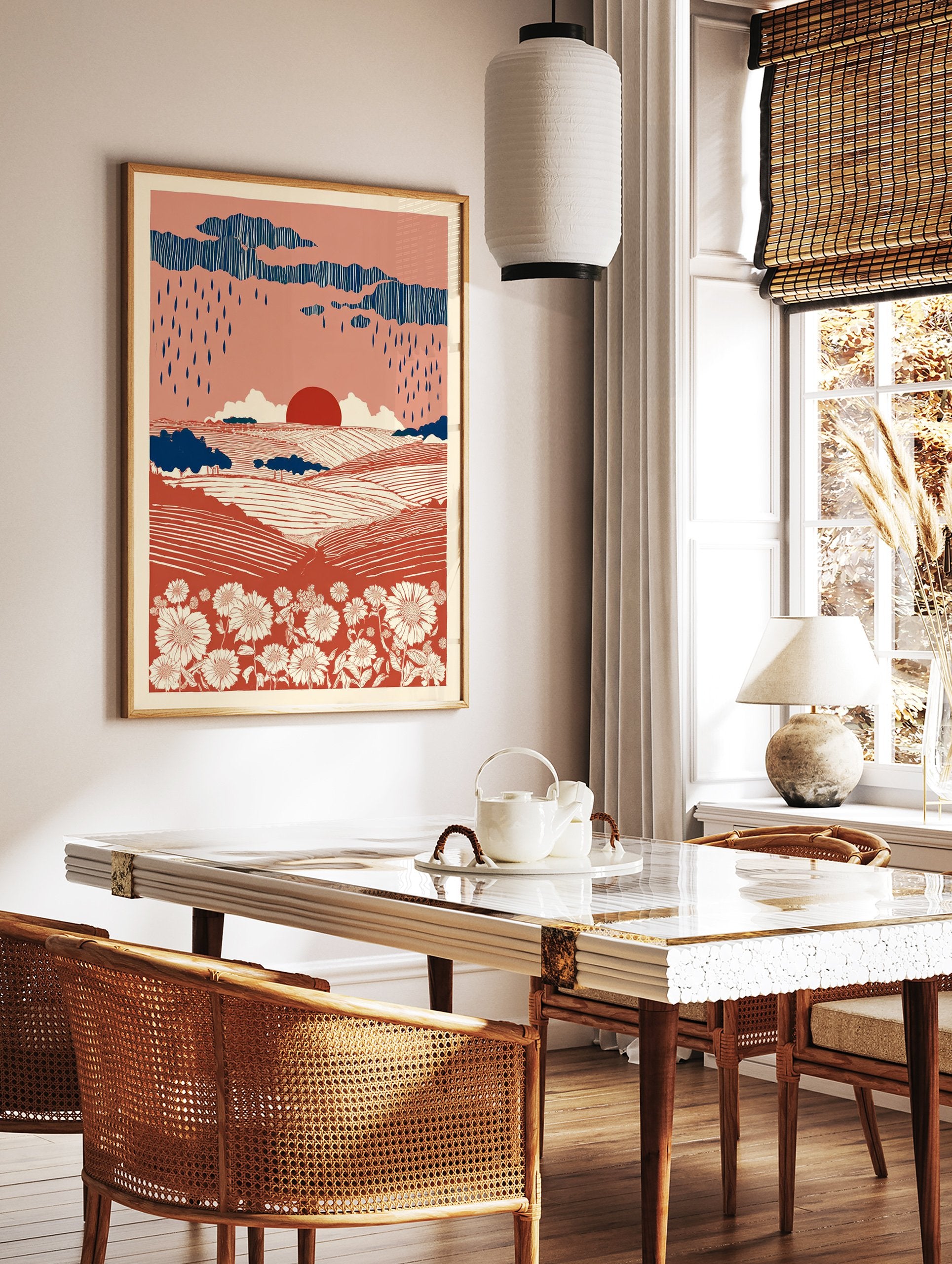 Terracotta landscape wall art print with rolling fields, white flowers, dark blue rain clouds, and a red sun. - Image 2
