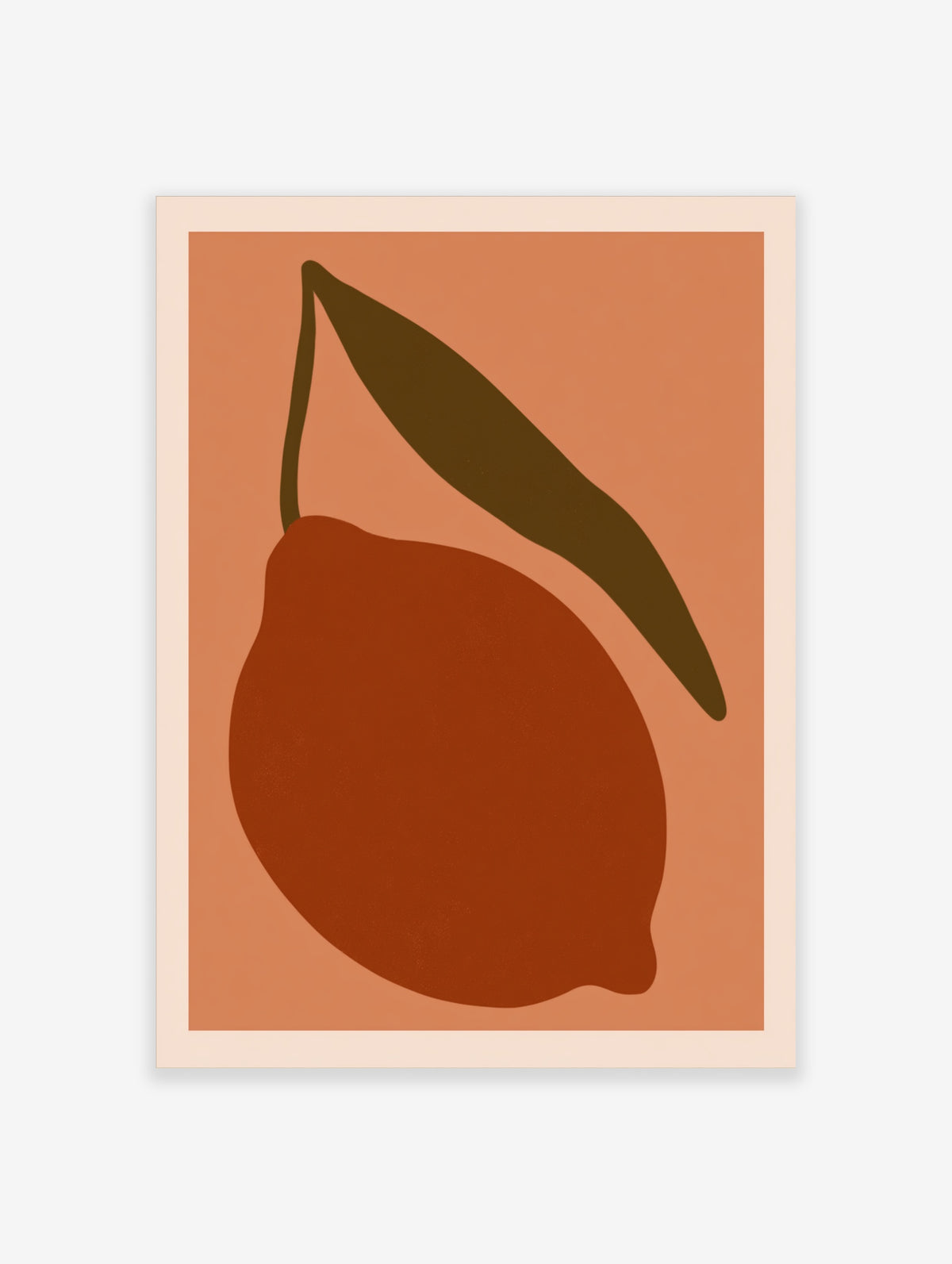 Terracotta lemon with dark olive leaf and curved stem on warm orange background, modern fruit poster