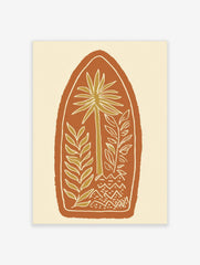 Illustrative palm tree and leafy plants in olive green with white outlines, on a terracotta arched shape