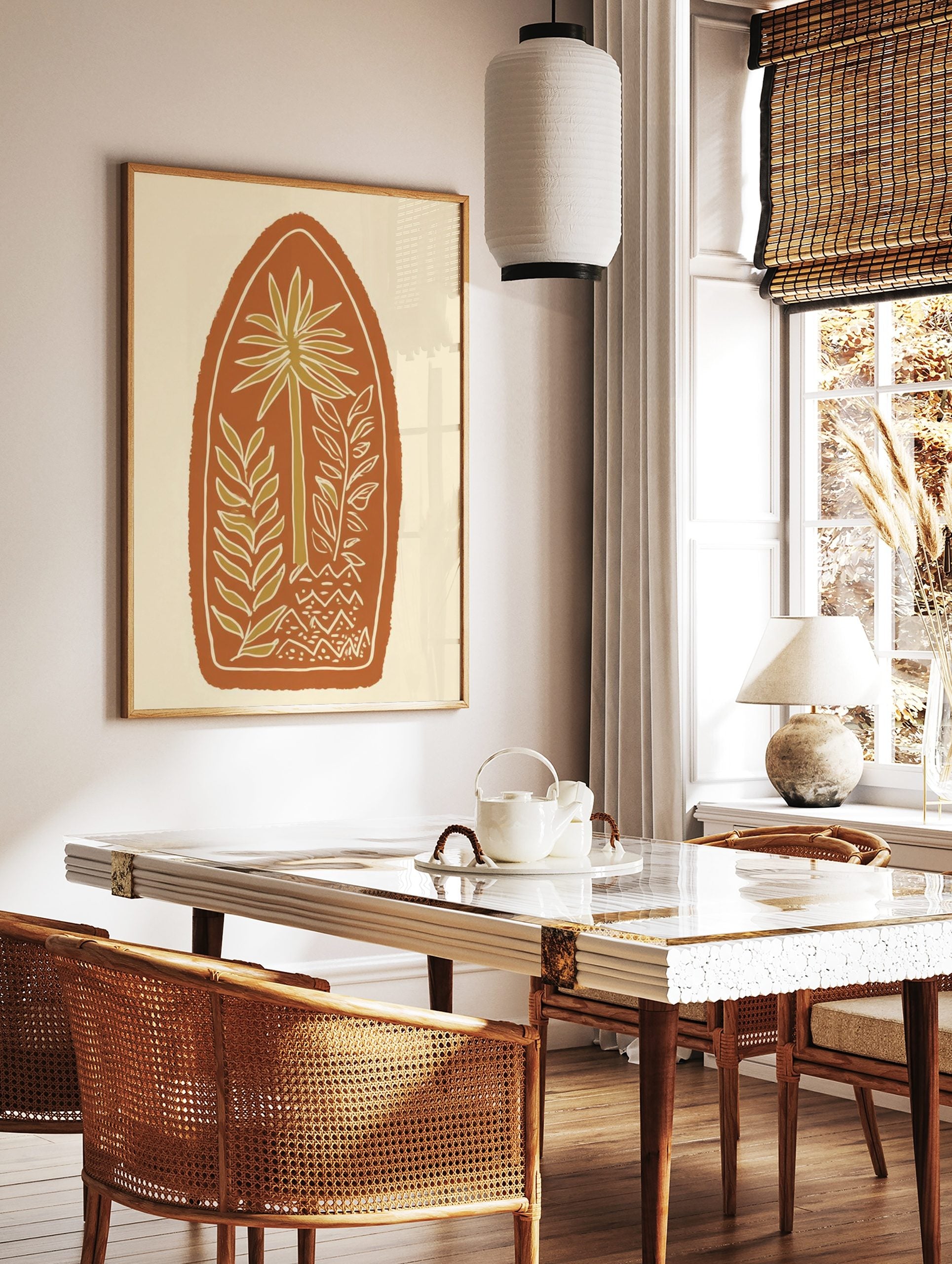 Illustrative palm tree and leafy plants in olive green with white outlines, on a terracotta arched, in a styled room mockup