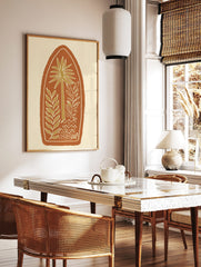 Illustrative palm tree and leafy plants in olive green with white outlines, on a terracotta arched, in a styled room mockup