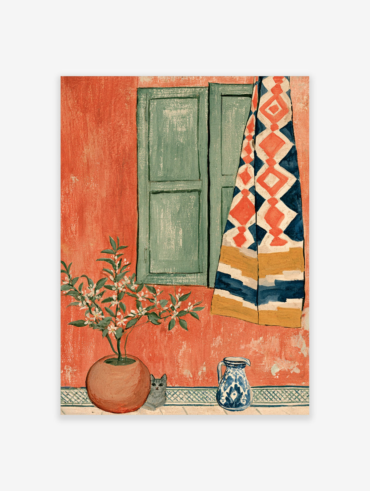 Terracotta wall art print with green shutters, patterned curtain, potted citrus tree, grey cat, and blue jug