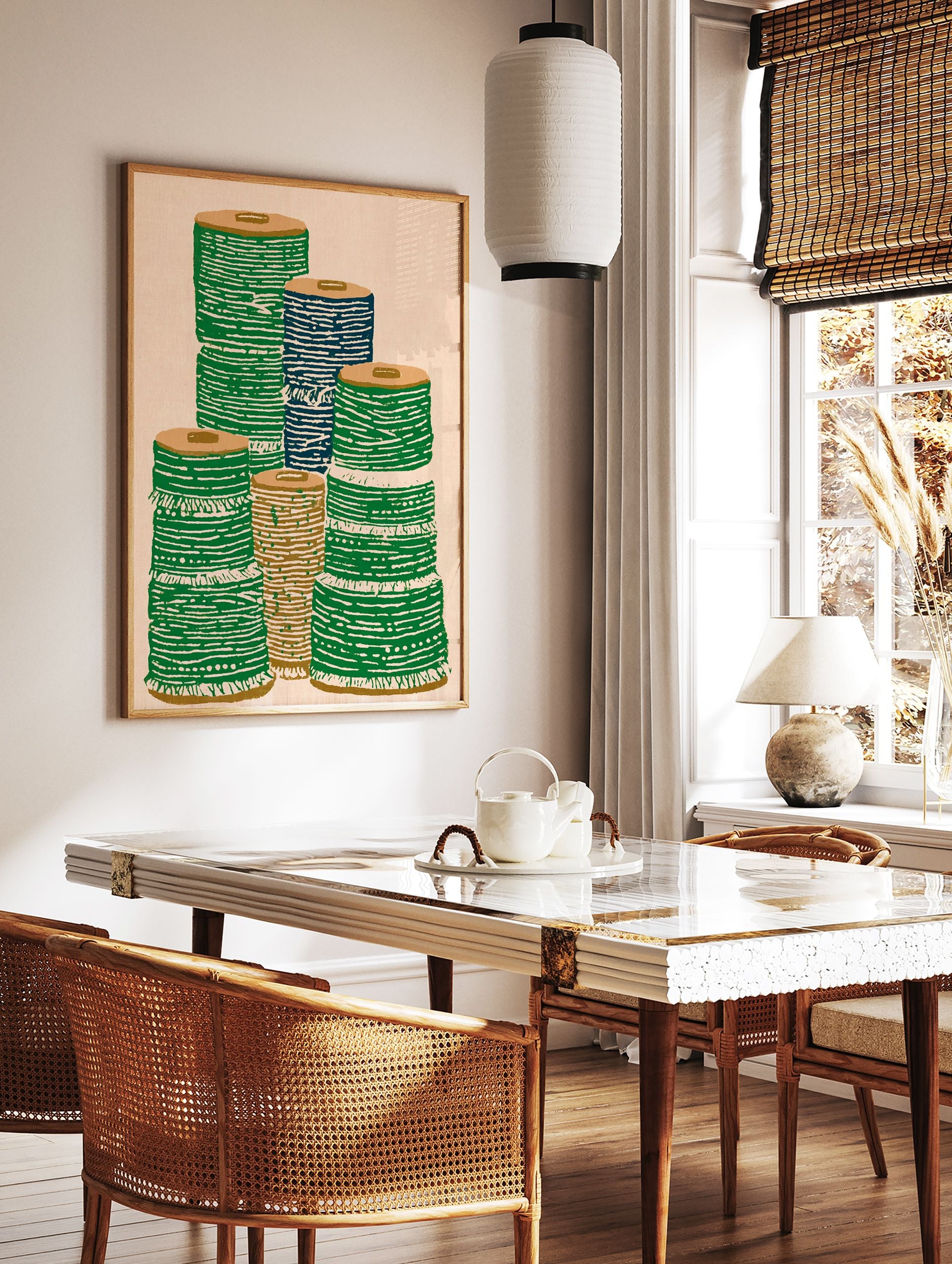 Illustrative textile spool wall art print showing stacks of green, blue, and brown spools on a light background. - Image 2