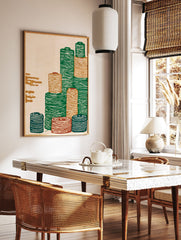 Illustrative textile spool wall art print showing stacked green, orange, and blue thread bobbins on a cream background - Image 2