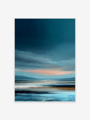 Abstract coastal landscape painting with deep blue sky, peach horizon, and textured tidal flats in blues and golds