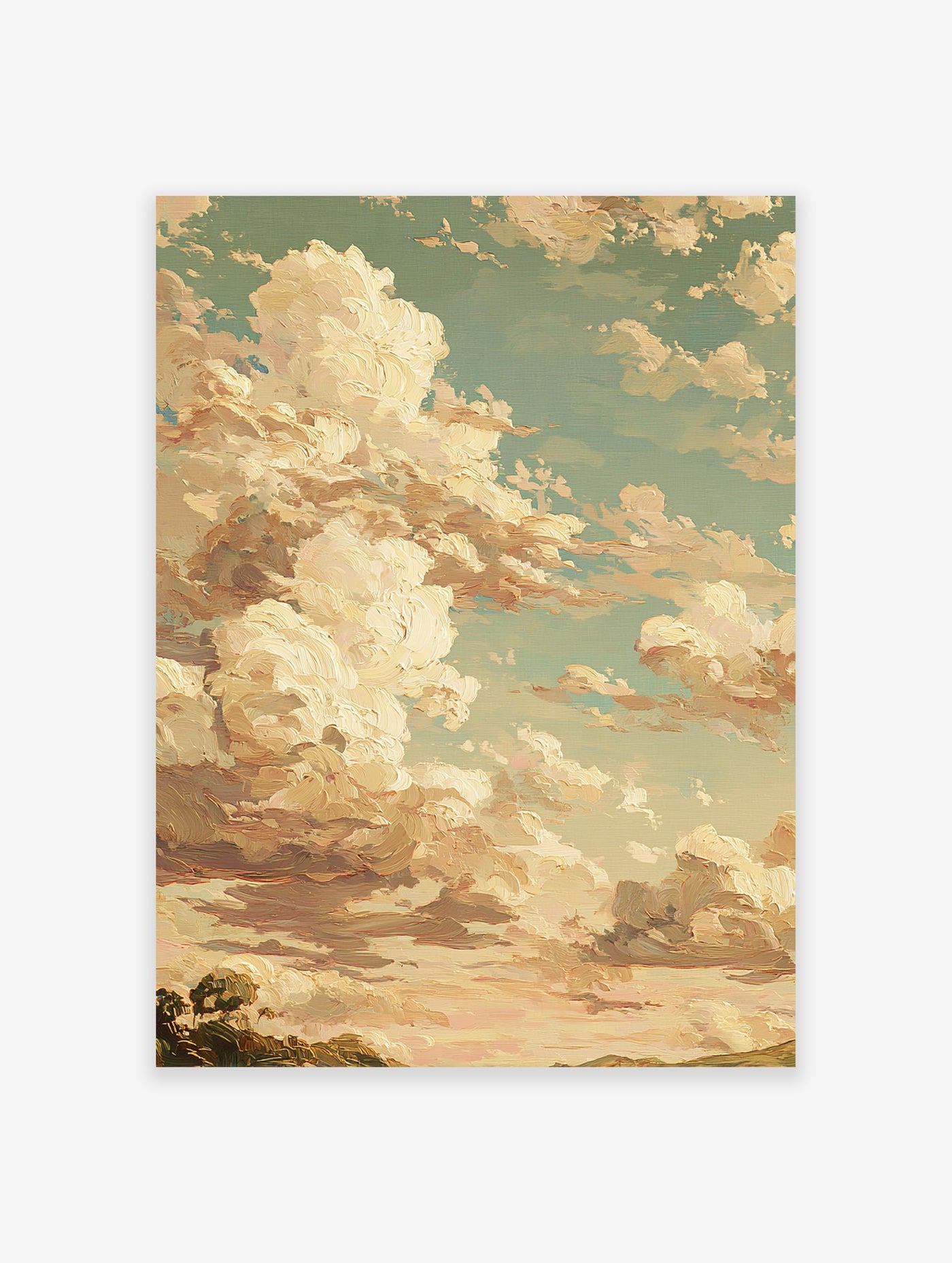 Textured oil painting of dramatic clouds in warm earth tones against a teal sky, with a subtle landscape horizon