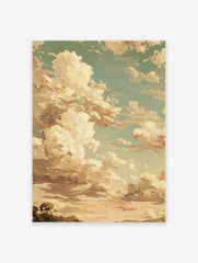 Textured oil painting of dramatic clouds in warm earth tones against a teal sky, with a subtle landscape horizon