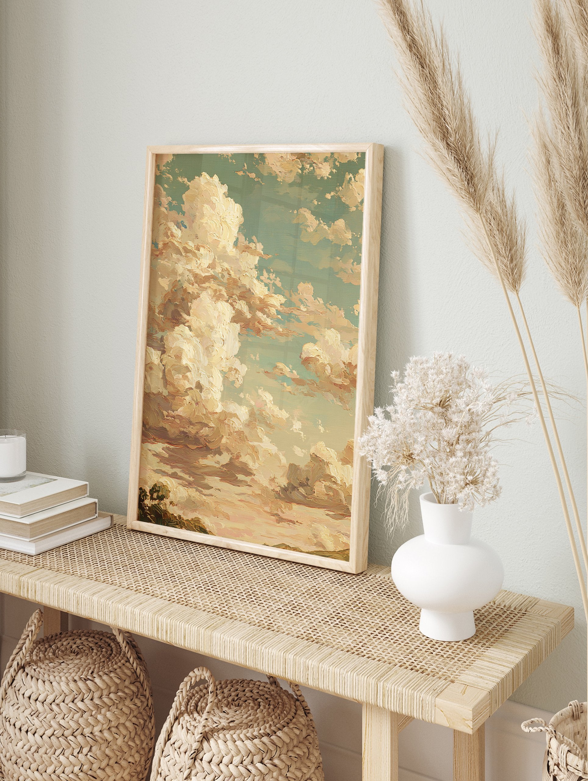 Textured oil painting of dramatic clouds in warm earth tones against a teal sky, with a subtle landscape horizon - Image 3