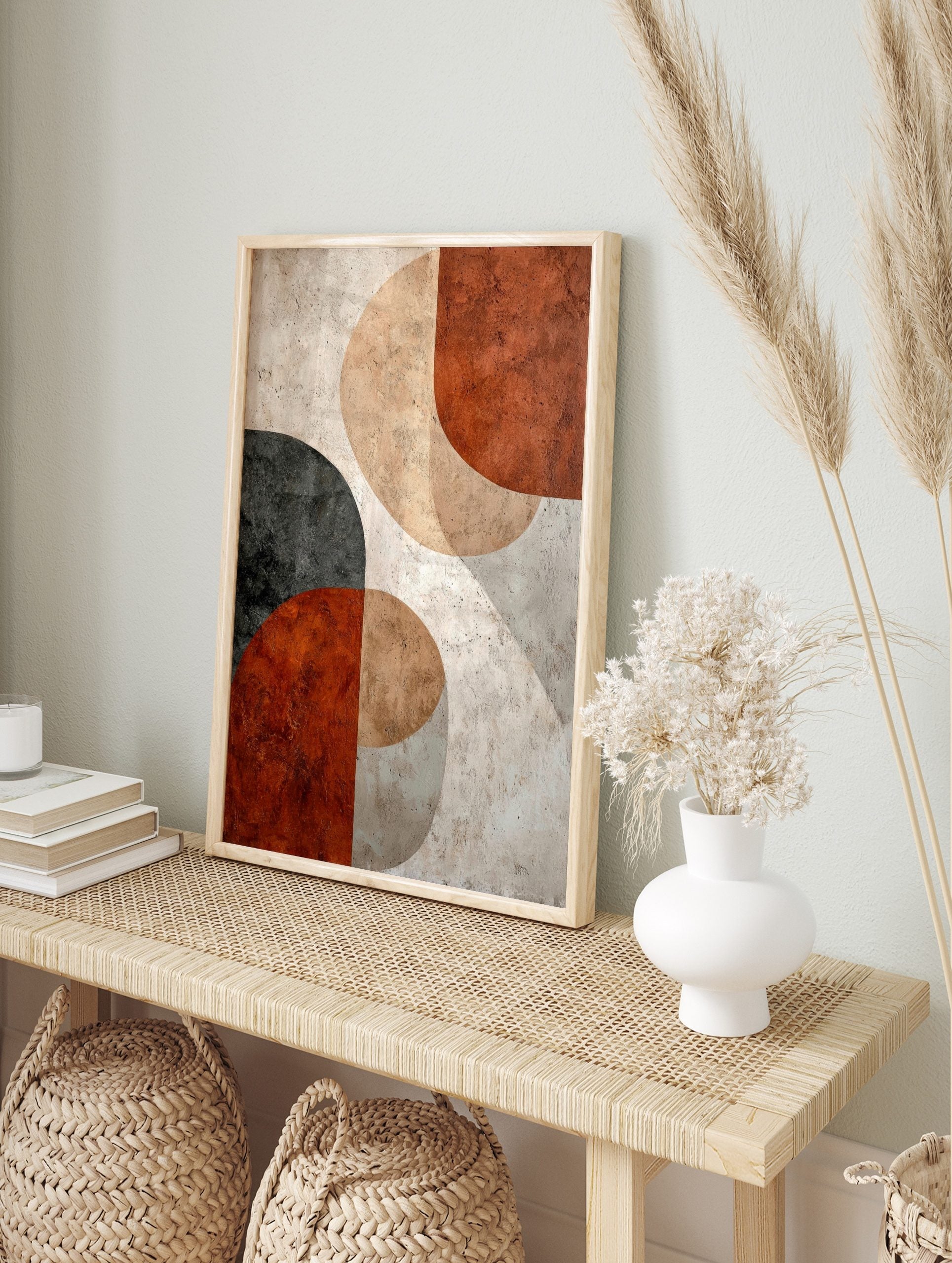 Abstract geometric art print with textured semi-circles in rust, beige, charcoal, and, in an alternate framed mockup