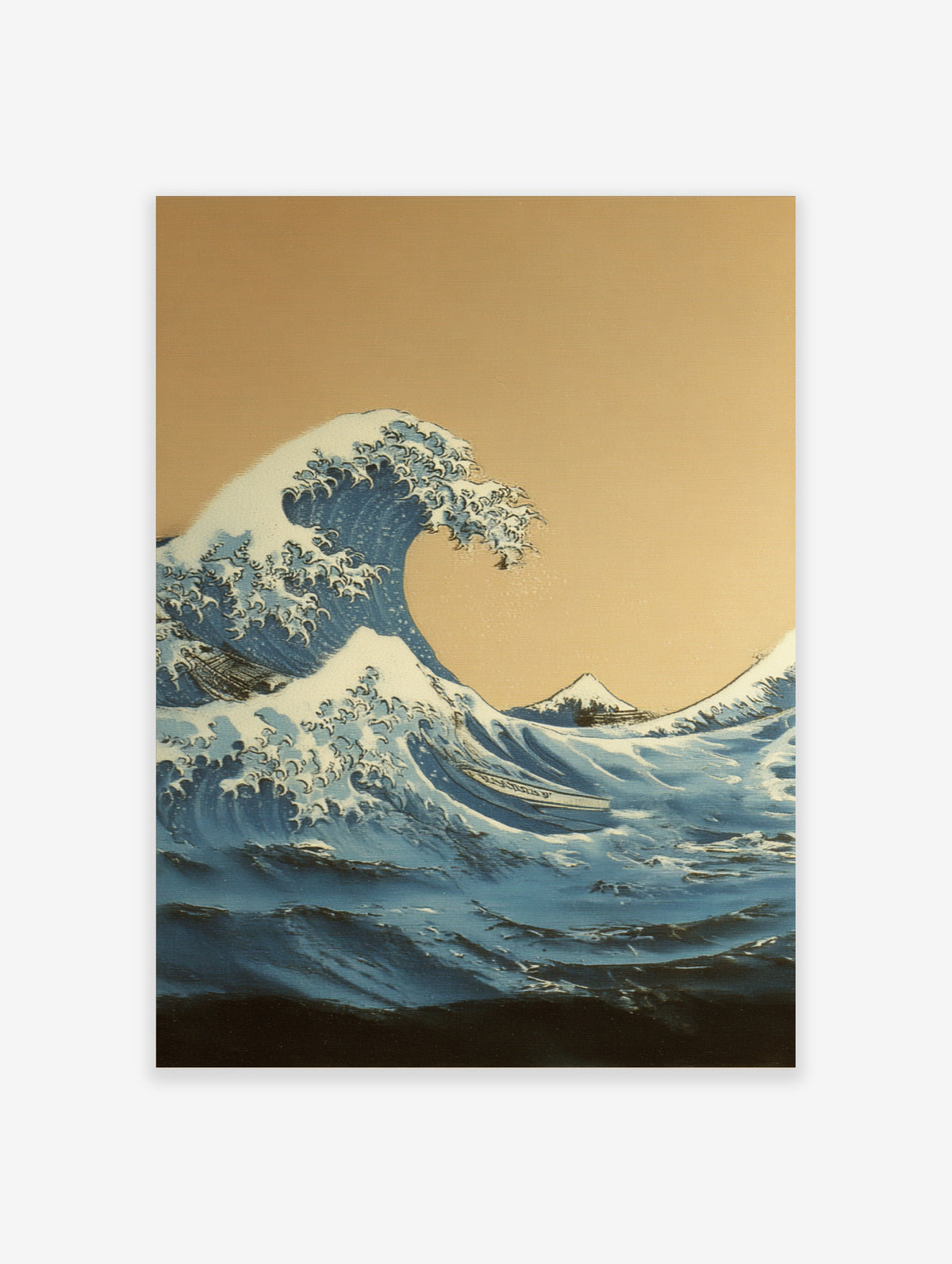 Hokusai Great Wave Off Kanagawa poster with blue wave, boats, and Mount Fuji