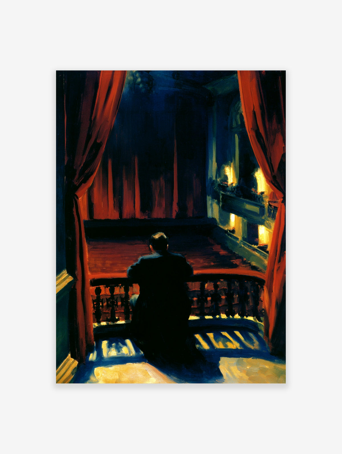 Lone figure in dark theatre auditorium framed by red curtains, dramatic lighting, moody art print