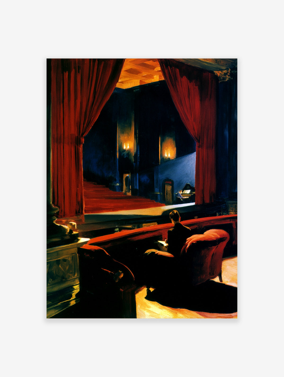 Theatre auditorium painting with red curtains, blue stage, and a lone figure seated in a box