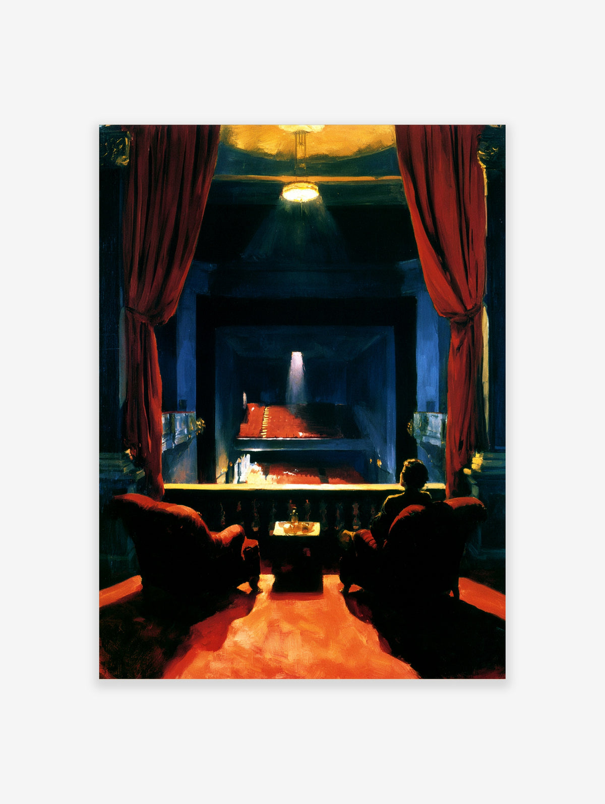 Theatre box with red curtains and blue auditorium, lone figure watching stage, dramatic lighting