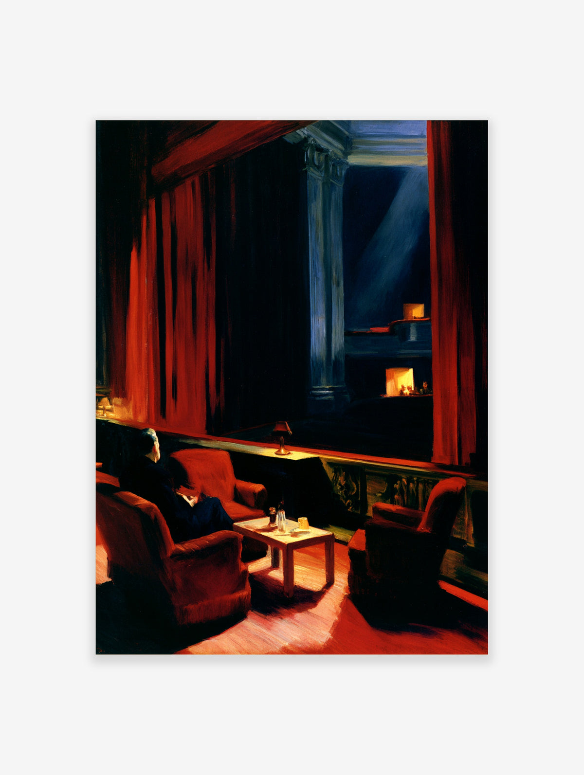 Theatre box interior with red curtains, blue column, and warm lamp glow, unframed paper print