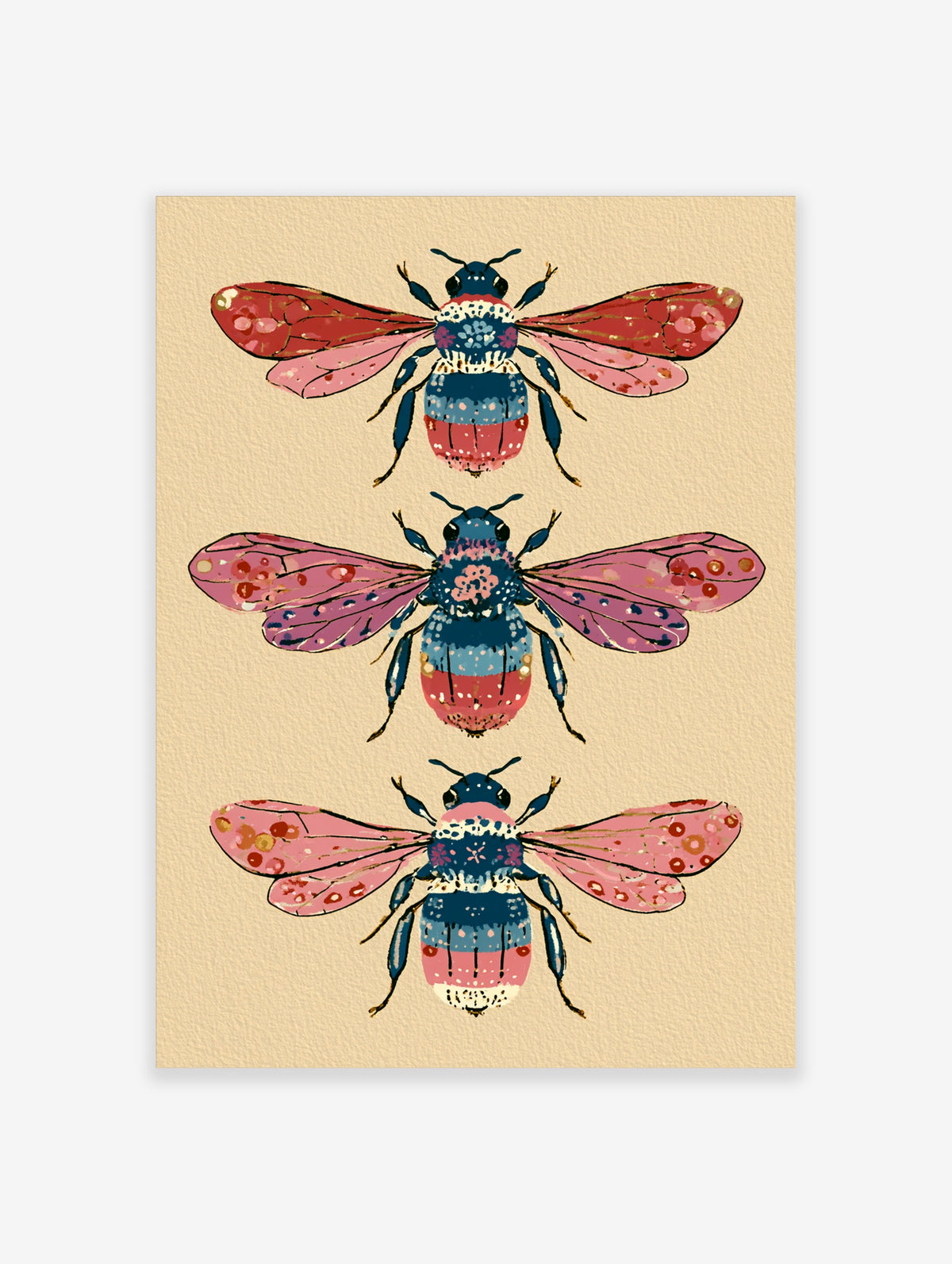 Three stylized bees with pink and blue patterned bodies and wings on beige background, illustrated wall art print