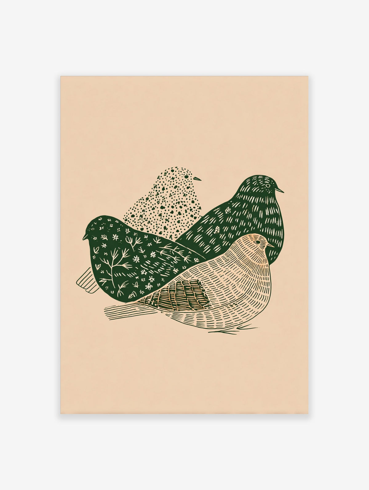 Illustrative wall art print with three stylised birds in dark green and beige, showing various patterns