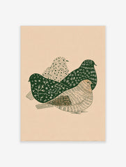 Illustrative wall art print with three stylised birds in dark green and beige, showing various patterns