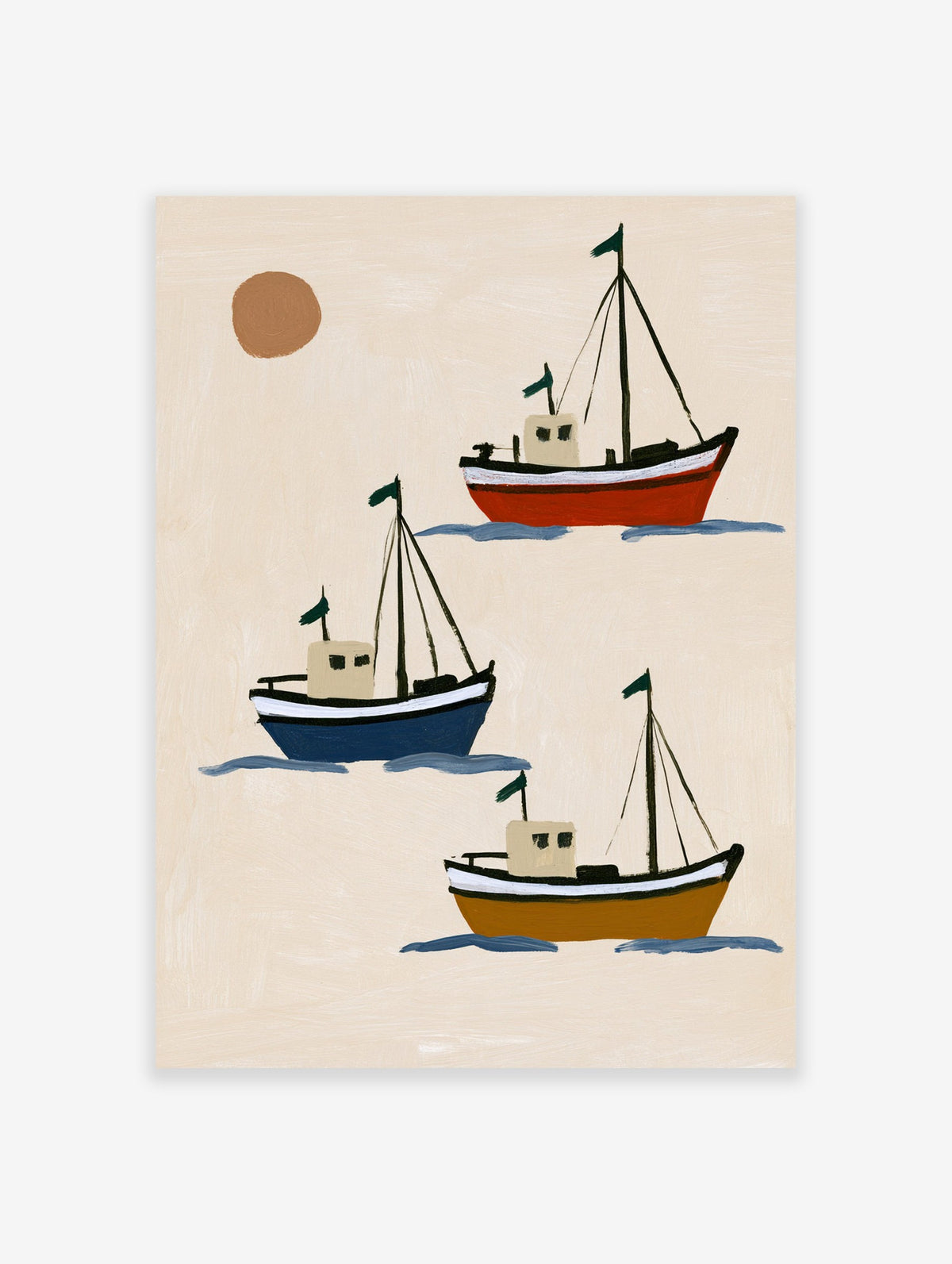 Minimalist art print featuring three colourful fishing boats on a light cream background with a circular sun