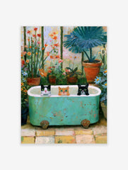 Three cats in a green bathtub inside a greenhouse with flowers and plants, painterly art print