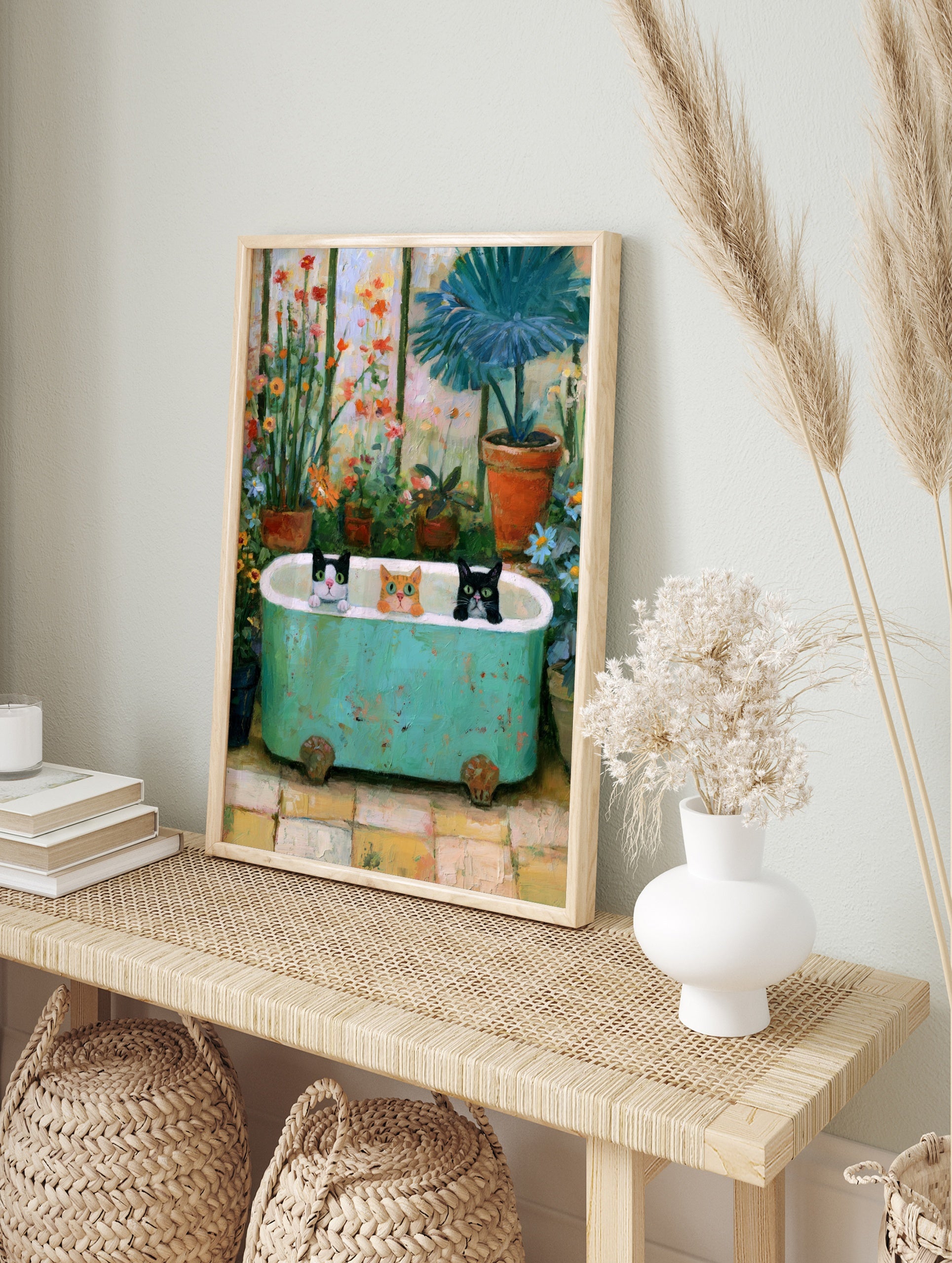 Three cats in a green bathtub inside a greenhouse with flowers and plants, painterly art print, in an alternate framed mockup