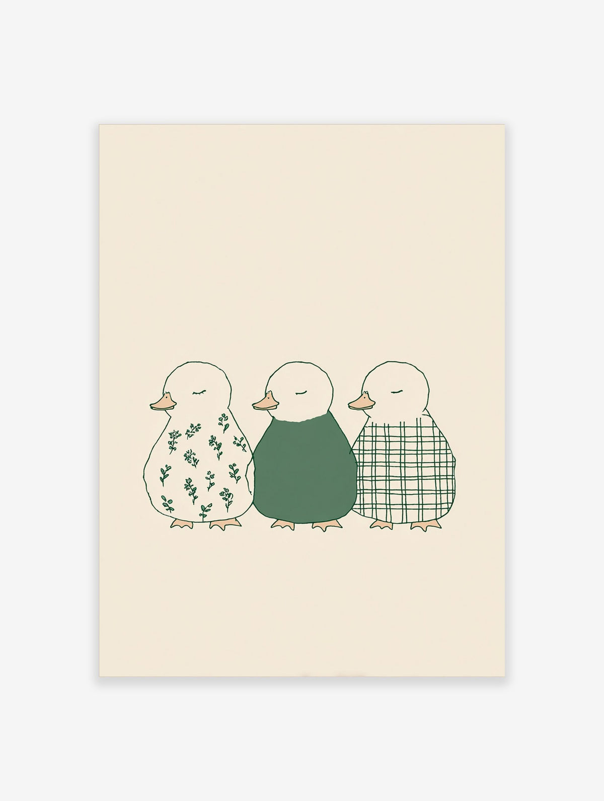 Illustration of three ducklings in a row, with floral, solid green, and plaid patterns on a beige background