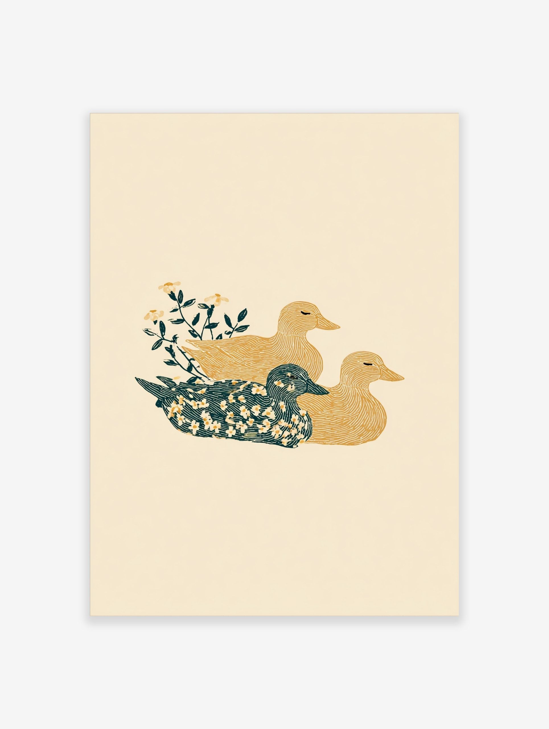 Illustrative print of three ducks, one floral teal, two golden yellow, with green leaves and yellow flowers
