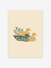 Illustrative print of three ducks, one floral teal, two golden yellow, with green leaves and yellow flowers