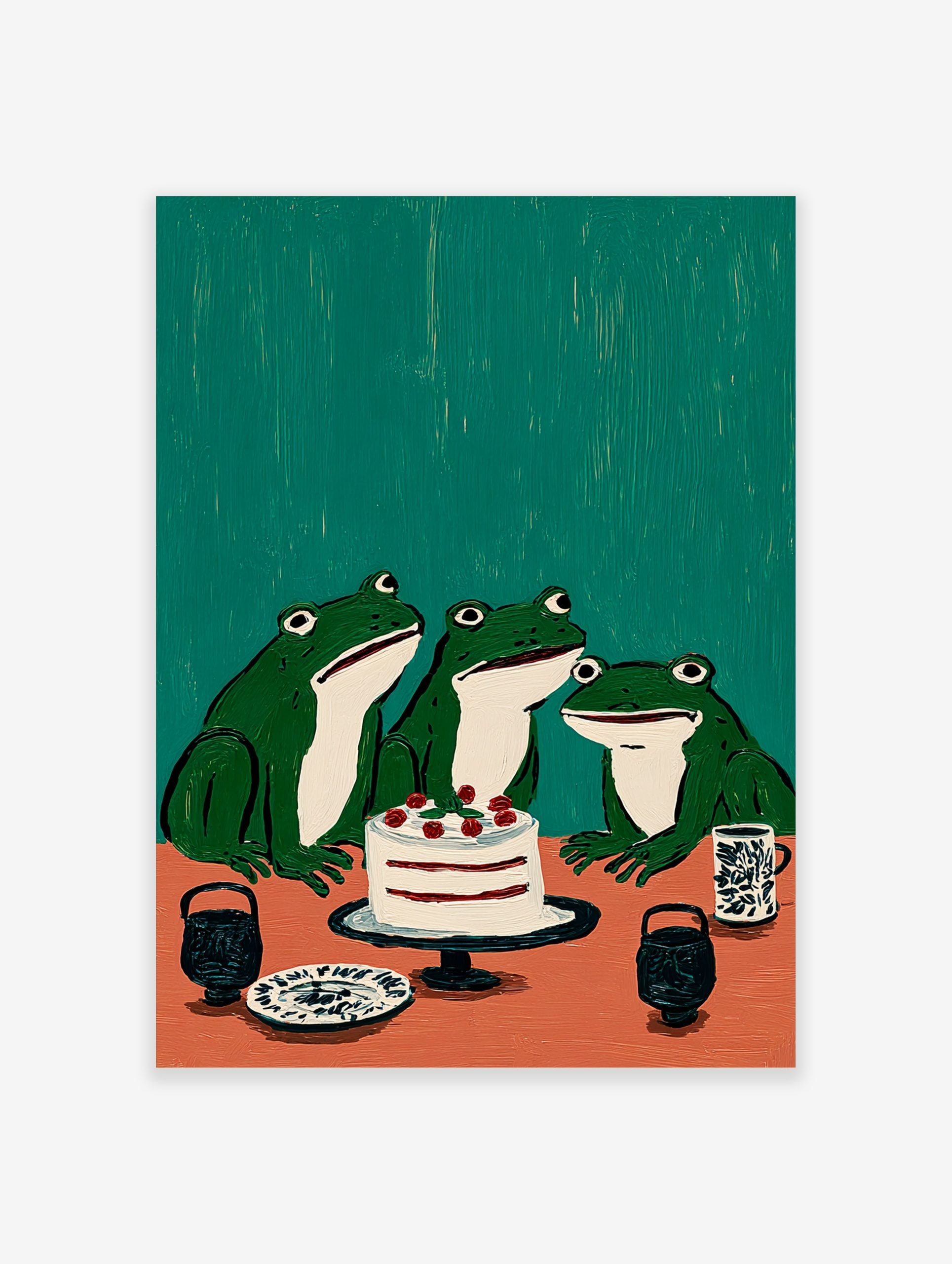 Illustrative wall art featuring three green frogs looking at a white cake with red berries on an orange table