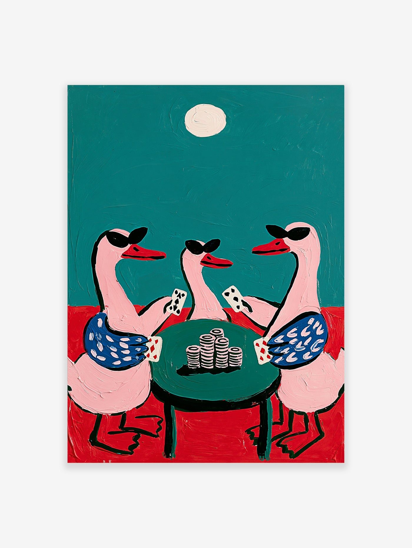 Three pink geese wearing sunglasses playing cards at a green table with poker chips, teal sky and red floor, quirky animal