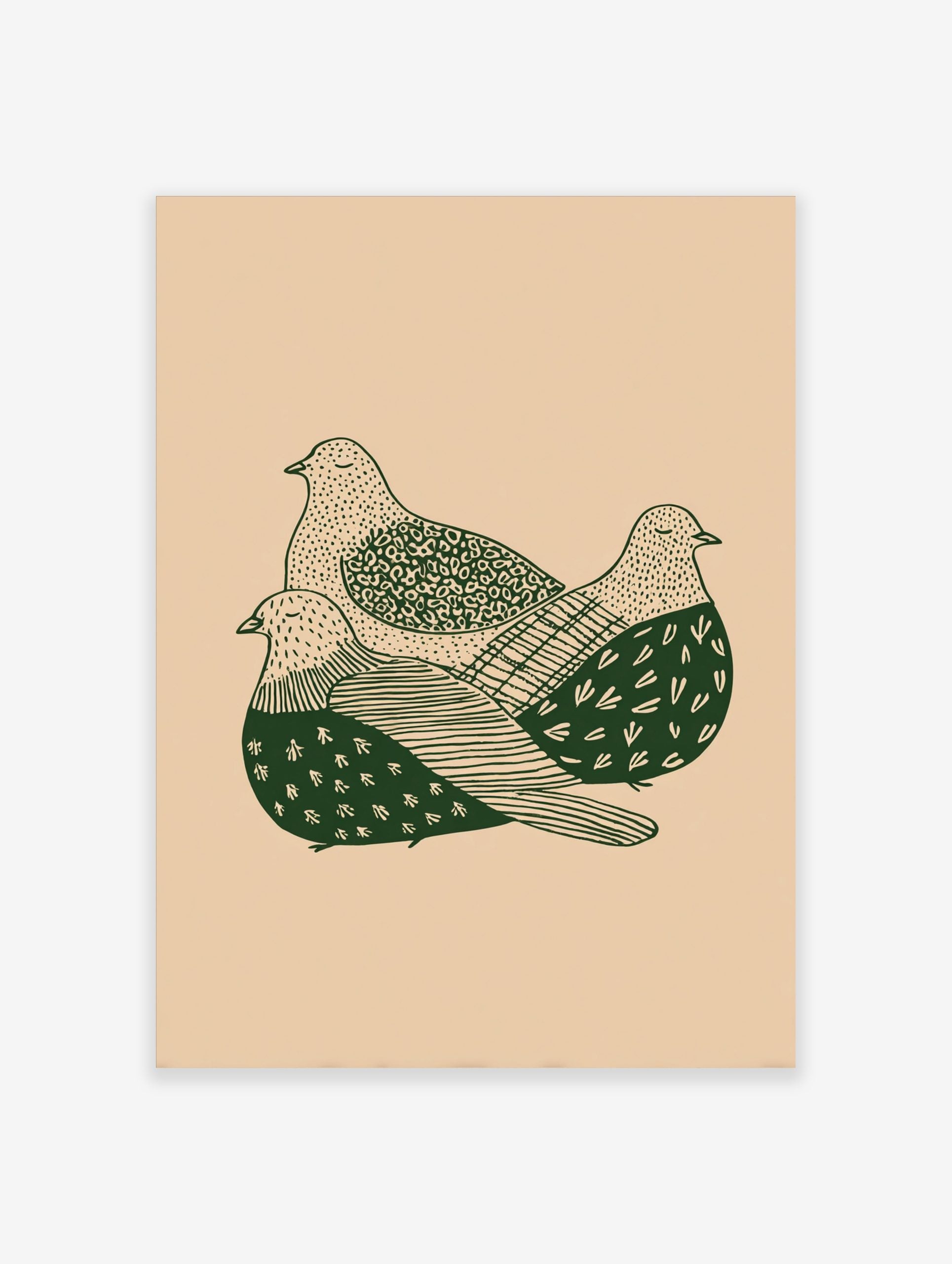 Illustrative print of three green doves with patterned feathers on a beige background, huddled together