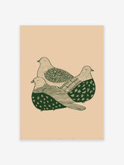 Illustrative print of three green doves with patterned feathers on a beige background, huddled together