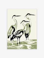 Minimalist illustration of three herons with black outlines and olive green bodies standing in water