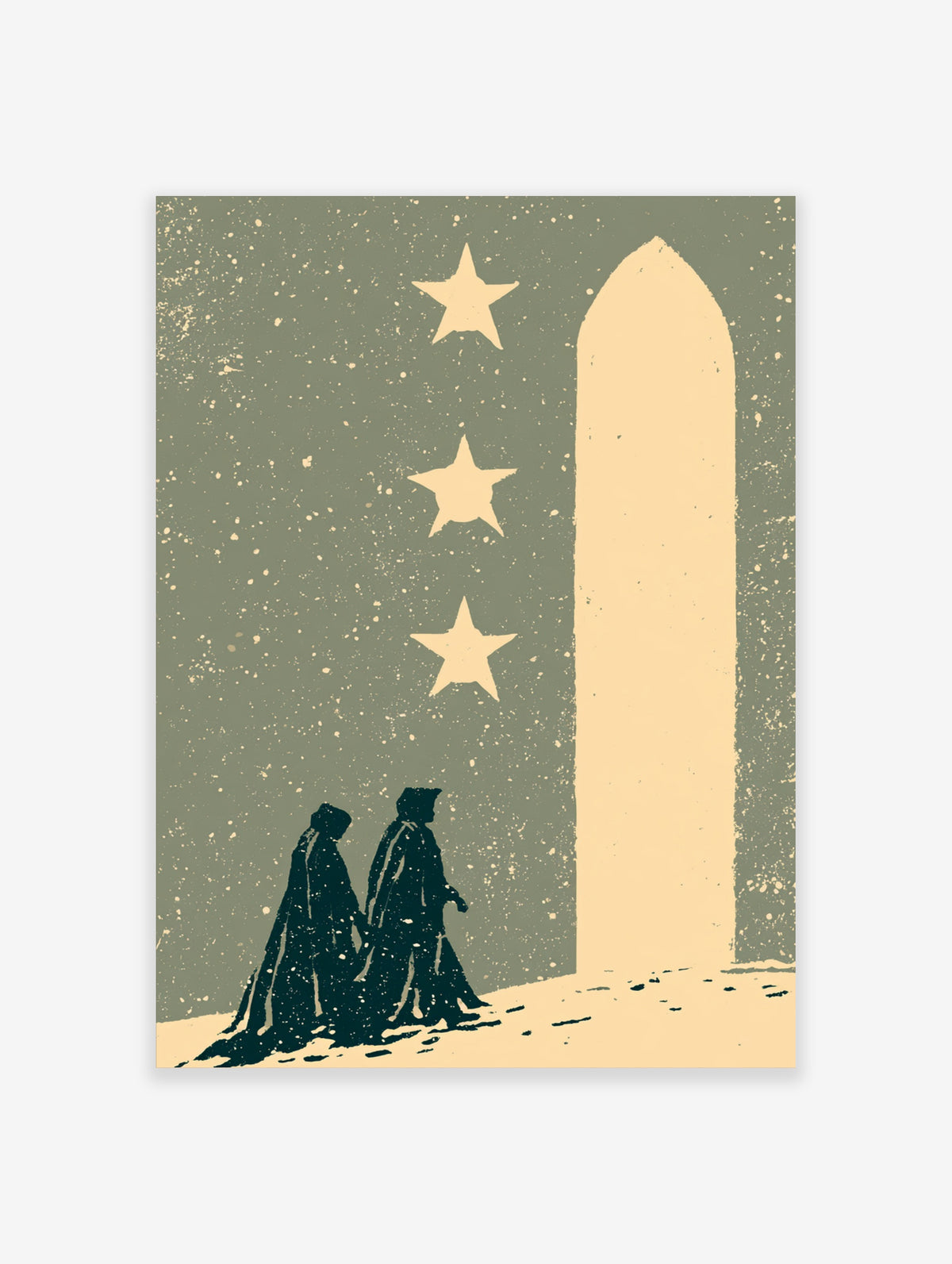 Three wise men silhouettes walking beneath three stars and a cream arch on a muted green background