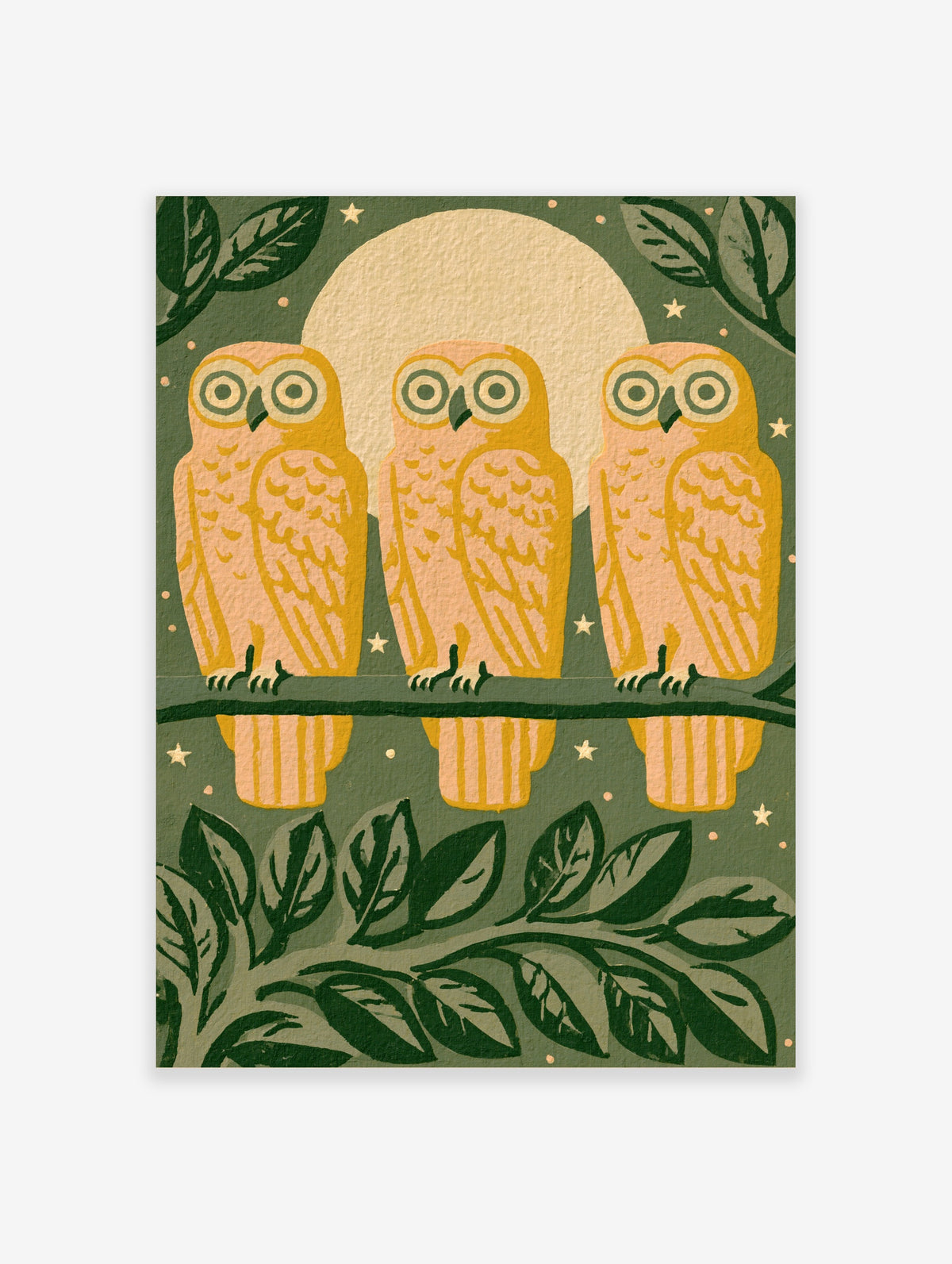 Three owls on a branch under a full moon, retro illustration, yellow and peach colours on green background